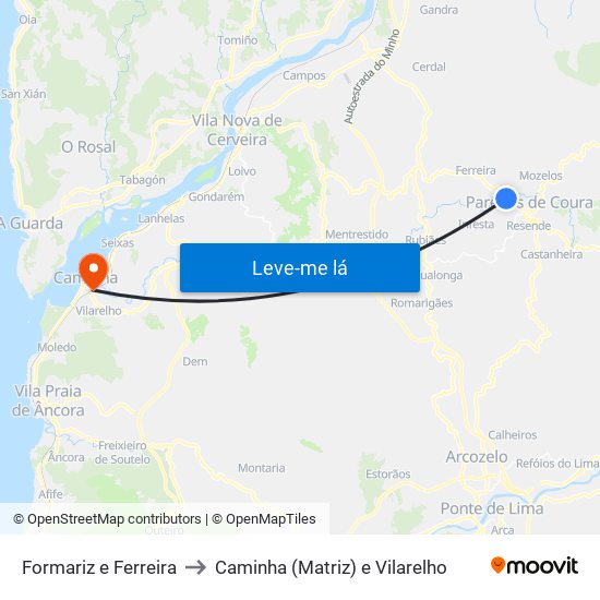 Formariz e Ferreira to Caminha (Matriz) e Vilarelho map