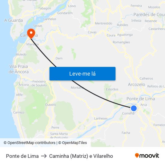 Ponte de Lima to Caminha (Matriz) e Vilarelho map