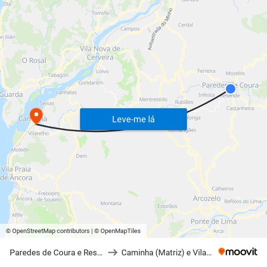 Paredes de Coura e Resende to Caminha (Matriz) e Vilarelho map