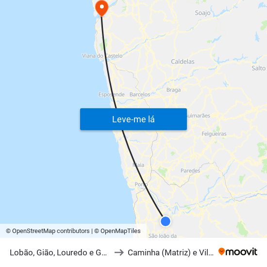 Lobão, Gião, Louredo e Guisande to Caminha (Matriz) e Vilarelho map