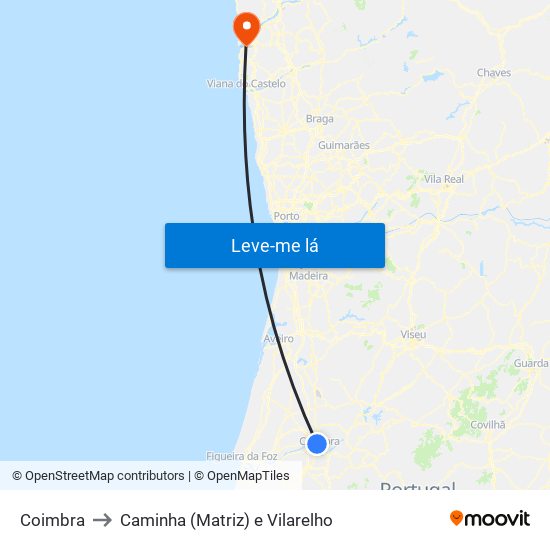 Coimbra to Caminha (Matriz) e Vilarelho map