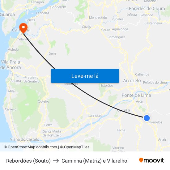 Rebordões (Souto) to Caminha (Matriz) e Vilarelho map