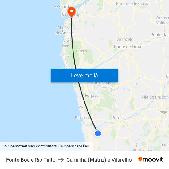 Fonte Boa e Rio Tinto to Caminha (Matriz) e Vilarelho map