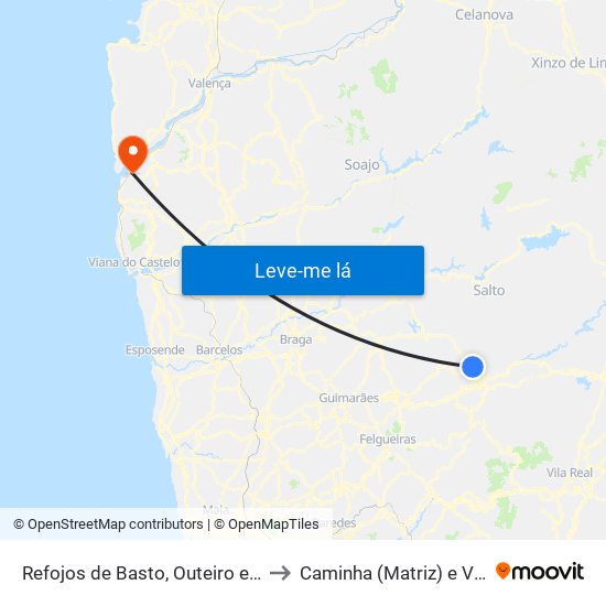 Refojos de Basto, Outeiro e Painzela to Caminha (Matriz) e Vilarelho map