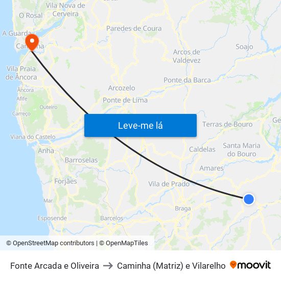 Fonte Arcada e Oliveira to Caminha (Matriz) e Vilarelho map