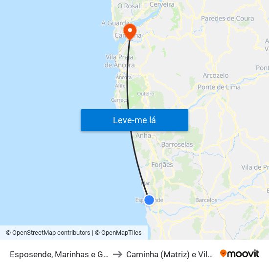 Esposende, Marinhas e Gandra to Caminha (Matriz) e Vilarelho map