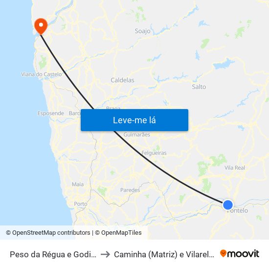 Peso da Régua e Godim to Caminha (Matriz) e Vilarelho map