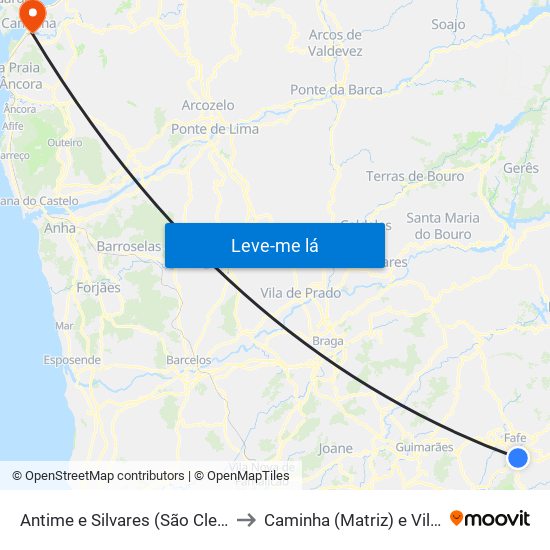 Antime e Silvares (São Clemente) to Caminha (Matriz) e Vilarelho map