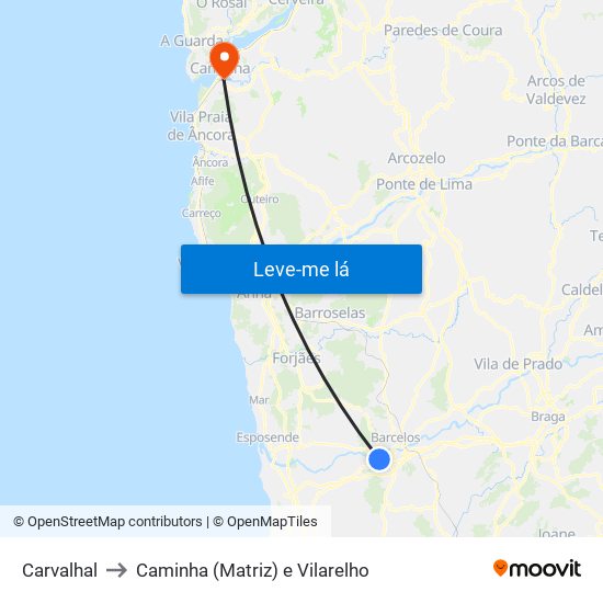 Carvalhal to Caminha (Matriz) e Vilarelho map