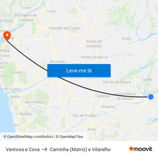 Ventosa e Cova to Caminha (Matriz) e Vilarelho map