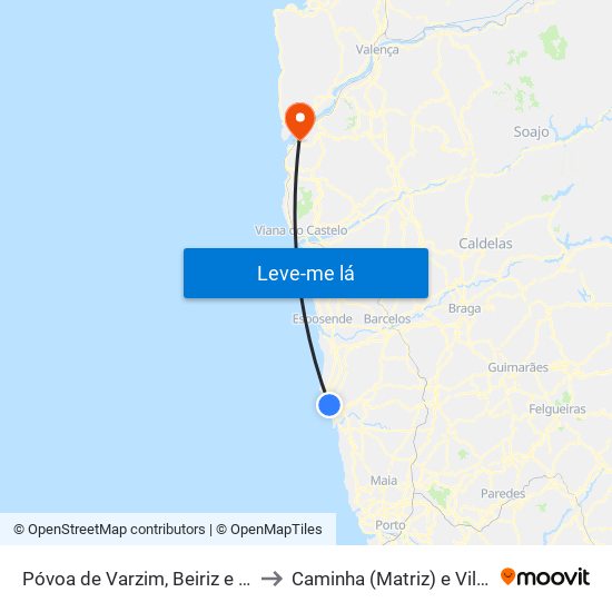 Póvoa de Varzim, Beiriz e Argivai to Caminha (Matriz) e Vilarelho map