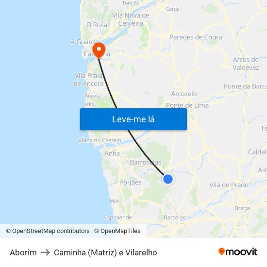 Aborim to Caminha (Matriz) e Vilarelho map