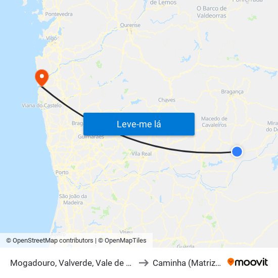 Mogadouro, Valverde, Vale de Porco e Vilar de Rei to Caminha (Matriz) e Vilarelho map