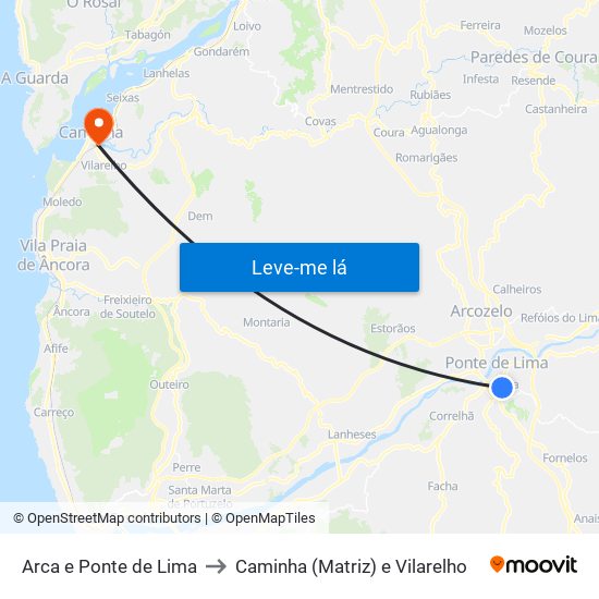 Arca e Ponte de Lima to Caminha (Matriz) e Vilarelho map