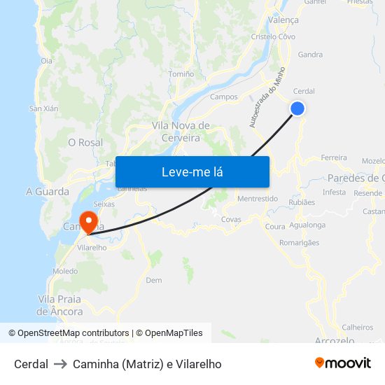 Cerdal to Caminha (Matriz) e Vilarelho map