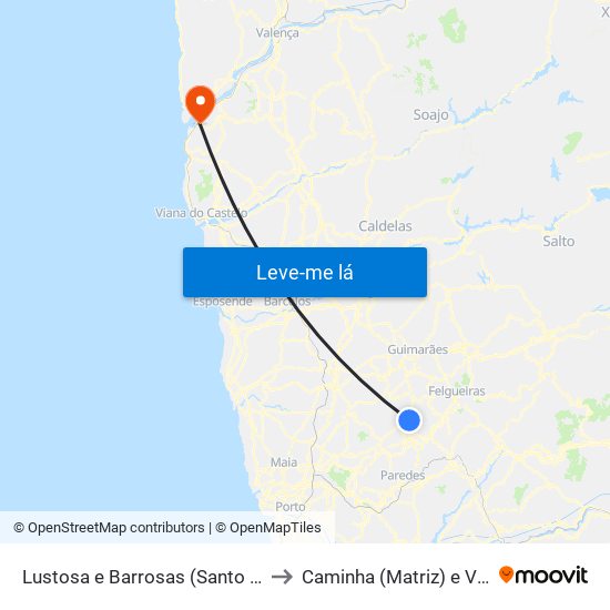Lustosa e Barrosas (Santo Estêvão) to Caminha (Matriz) e Vilarelho map