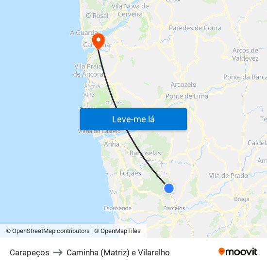 Carapeços to Caminha (Matriz) e Vilarelho map