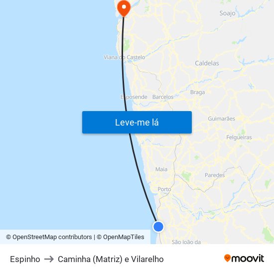 Espinho to Caminha (Matriz) e Vilarelho map