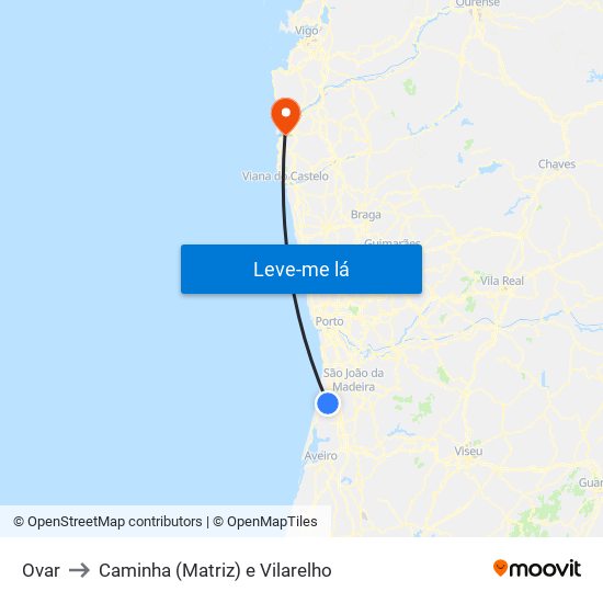 Ovar to Caminha (Matriz) e Vilarelho map