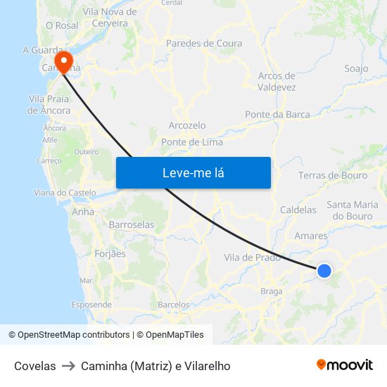 Covelas to Caminha (Matriz) e Vilarelho map