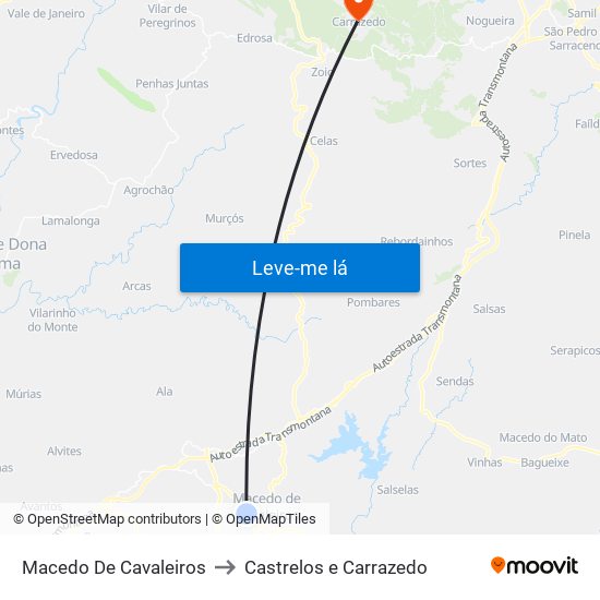 Macedo De Cavaleiros to Castrelos e Carrazedo map