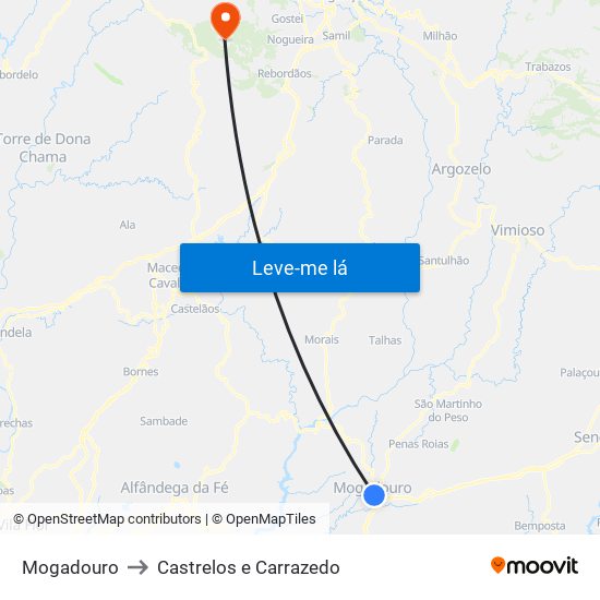 Mogadouro to Castrelos e Carrazedo map