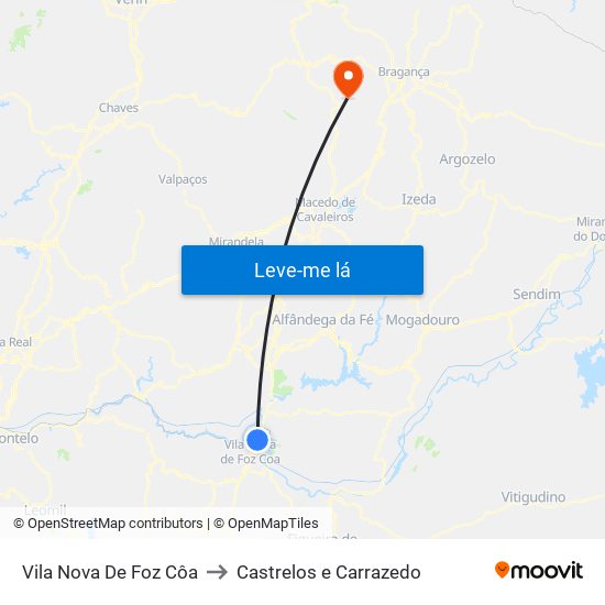 Vila Nova De Foz Côa to Castrelos e Carrazedo map