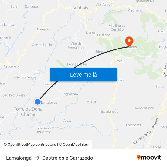 Lamalonga to Castrelos e Carrazedo map