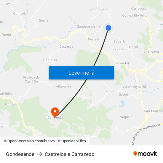 Gondesende to Castrelos e Carrazedo map