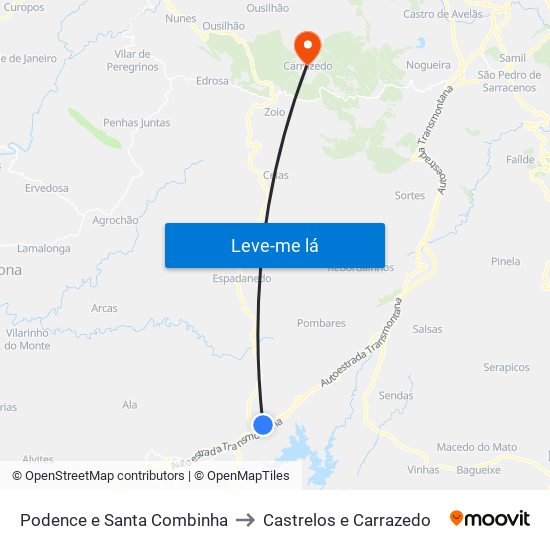 Podence e Santa Combinha to Castrelos e Carrazedo map