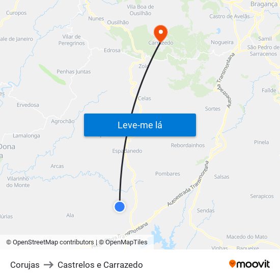 Corujas to Castrelos e Carrazedo map