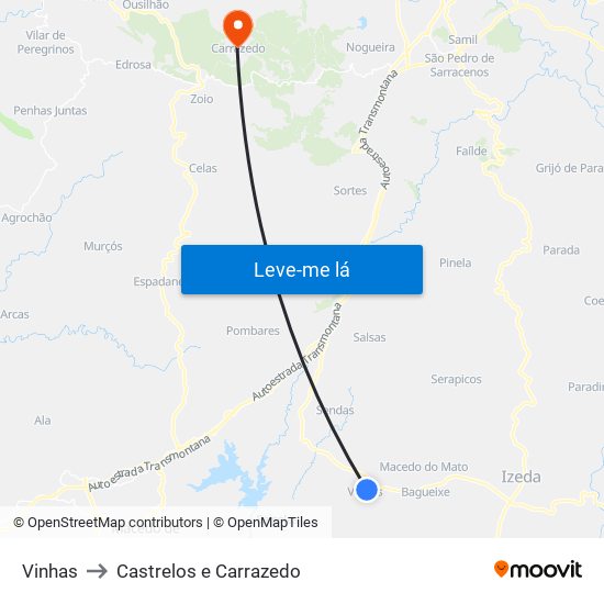 Vinhas to Castrelos e Carrazedo map