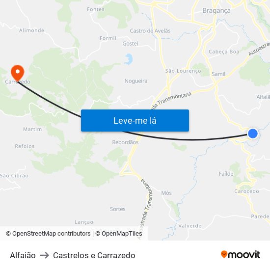 Alfaião to Castrelos e Carrazedo map