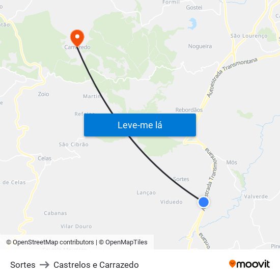 Sortes to Castrelos e Carrazedo map