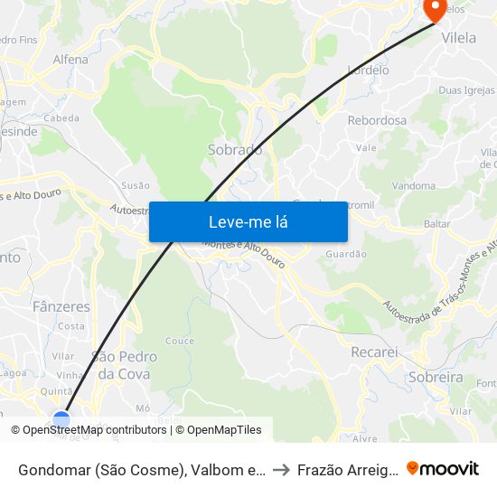 Gondomar (São Cosme), Valbom e Jovim to Frazão Arreigada map