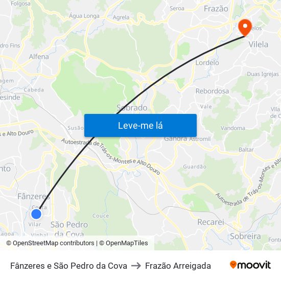 Fânzeres e São Pedro da Cova to Frazão Arreigada map