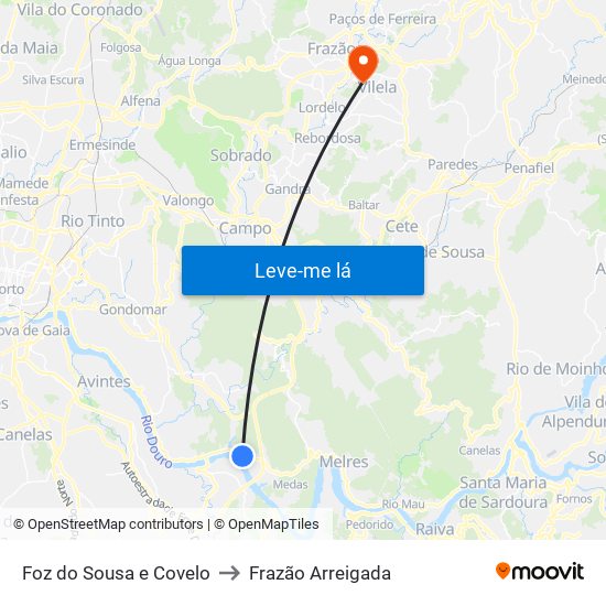 Foz do Sousa e Covelo to Frazão Arreigada map