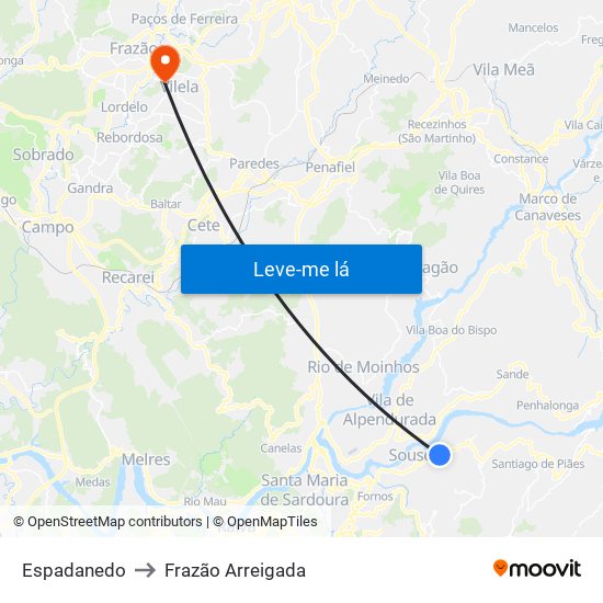 Espadanedo to Frazão Arreigada map