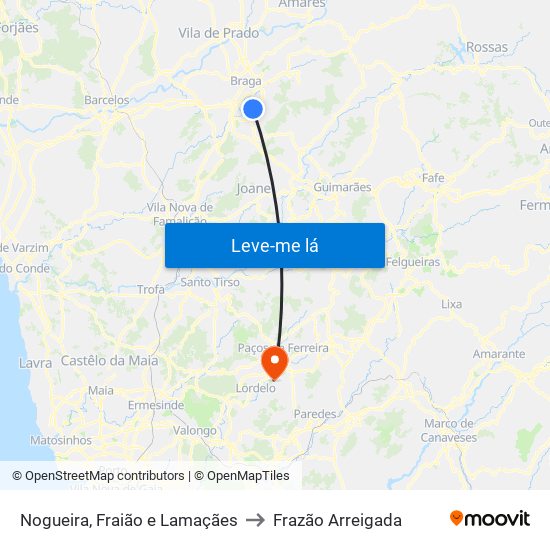 Nogueira, Fraião e Lamaçães to Frazão Arreigada map