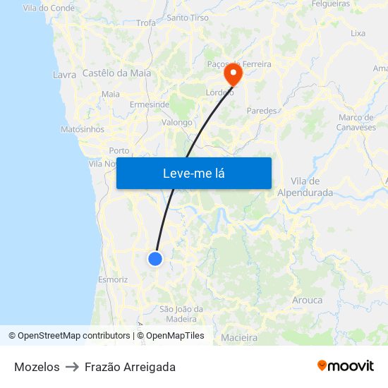 Mozelos to Frazão Arreigada map