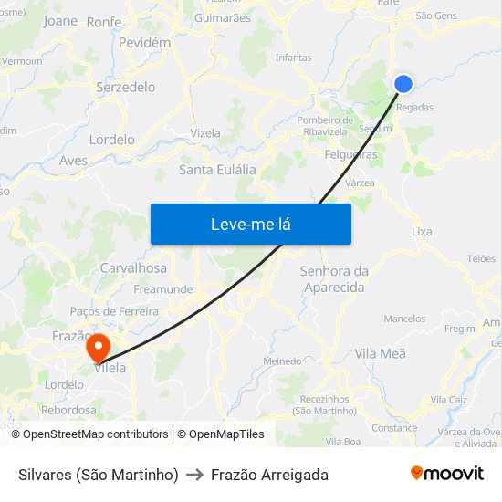Silvares (São Martinho) to Frazão Arreigada map