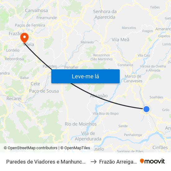 Paredes de Viadores e Manhuncelos to Frazão Arreigada map