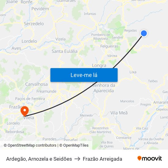 Ardegão, Arnozela e Seidões to Frazão Arreigada map