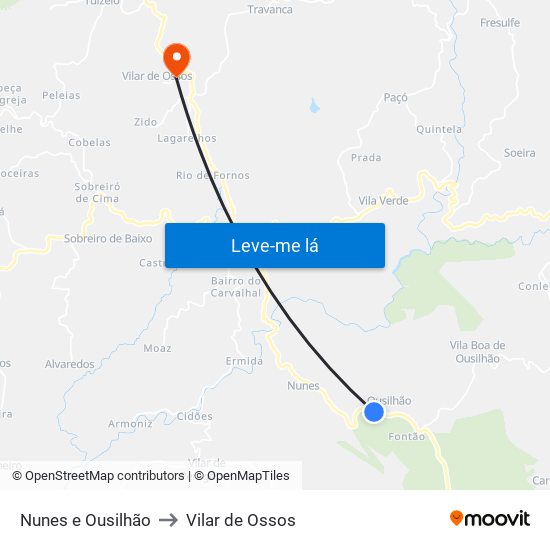 Nunes e Ousilhão to Vilar de Ossos map
