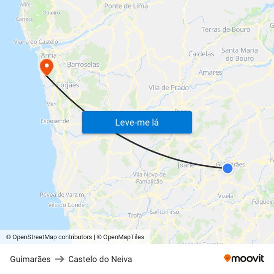 Guimarães to Castelo do Neiva map