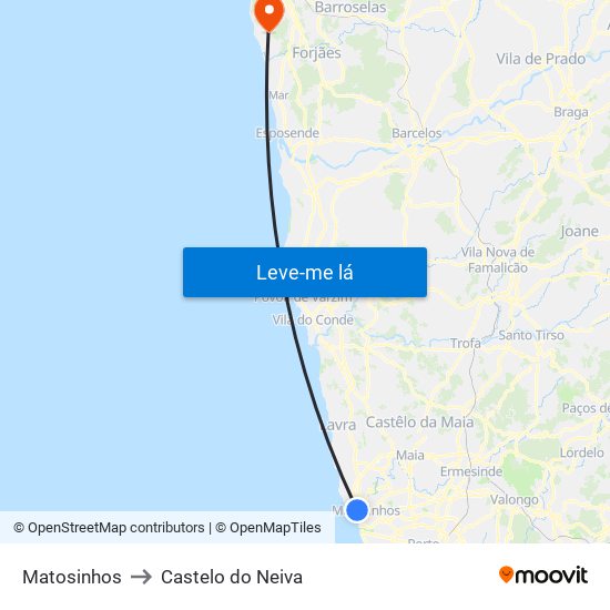 Matosinhos to Castelo do Neiva map