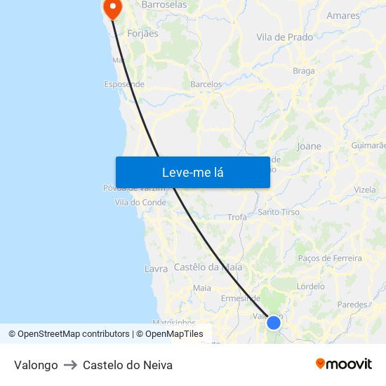 Valongo to Castelo do Neiva map