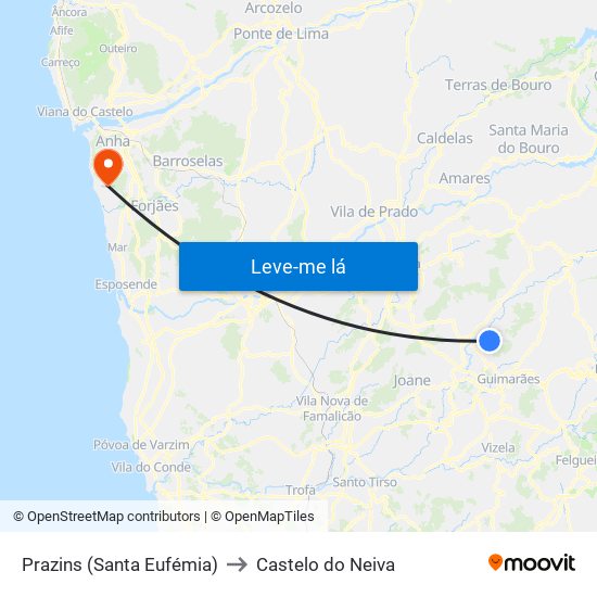 Prazins (Santa Eufémia) to Castelo do Neiva map