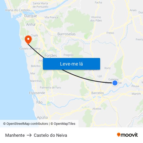 Manhente to Castelo do Neiva map