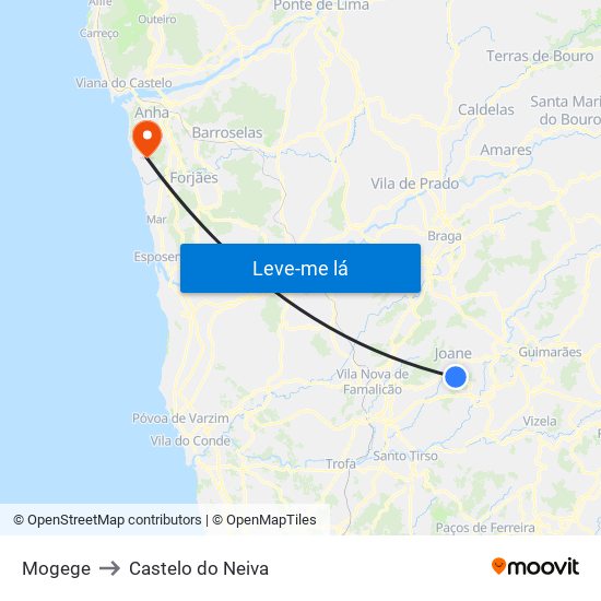 Mogege to Castelo do Neiva map